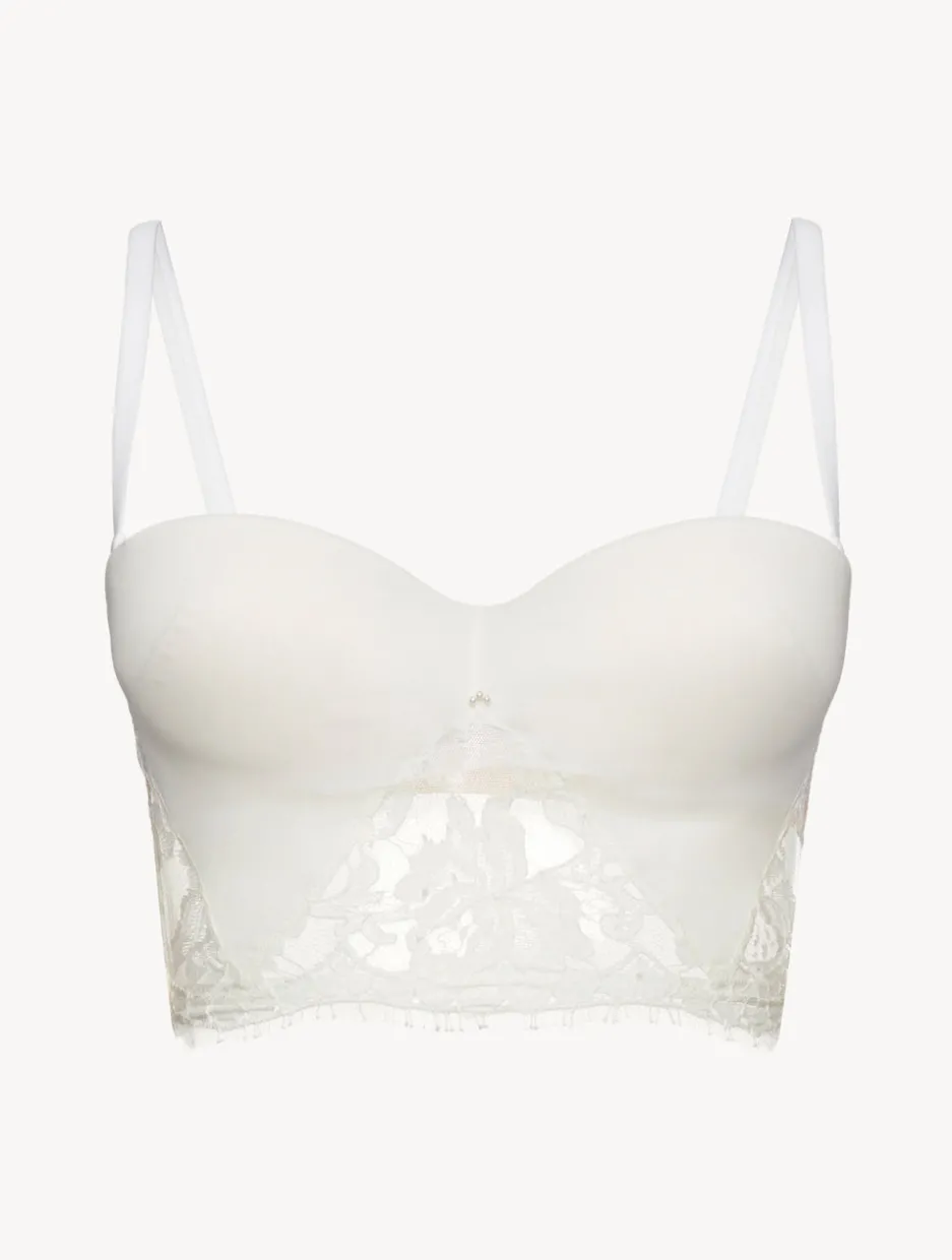Bandeau Bra In Off White With Cotton Leavers Lace