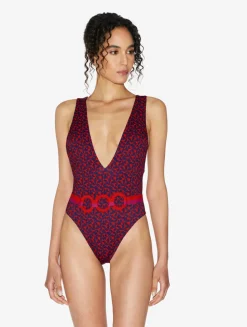 Belted Swimsuit In Red And Blue