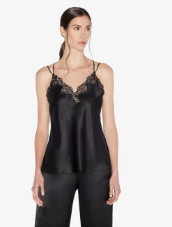 Black Camisole In Silk With Macramé Frastaglio