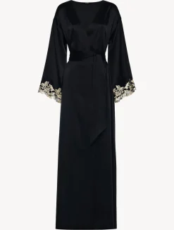 Black Long Silk Robe With Frastaglio