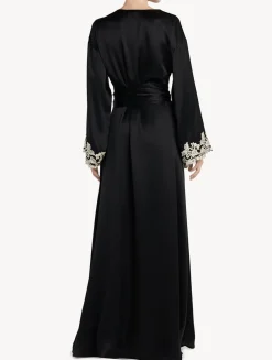 Black Long Silk Robe With Frastaglio