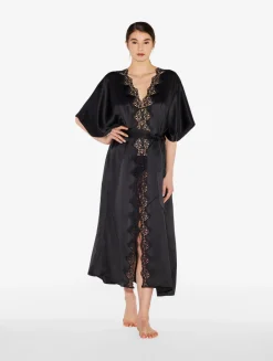 Black Long Silk Robe With Macramé