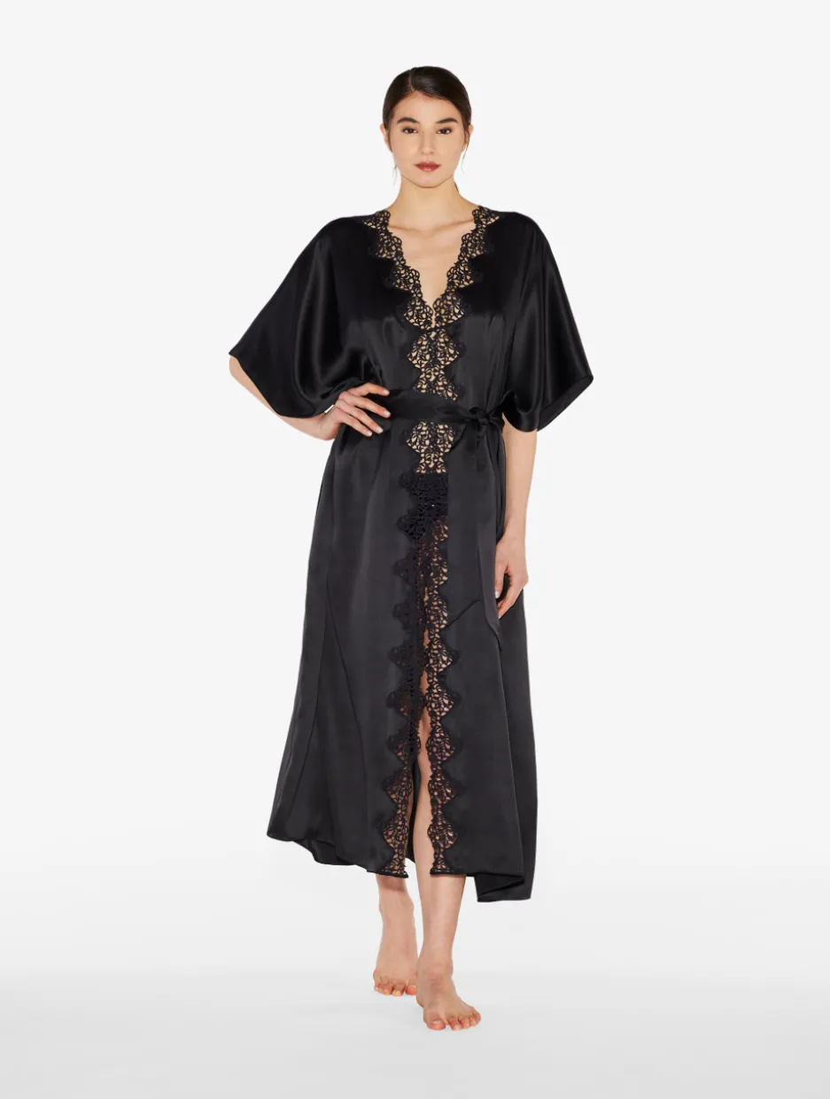 Black Long Silk Robe With Macramé
