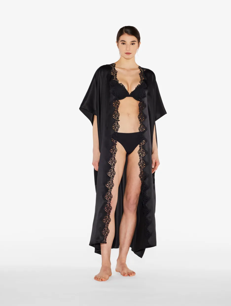Black Long Silk Robe With Macramé