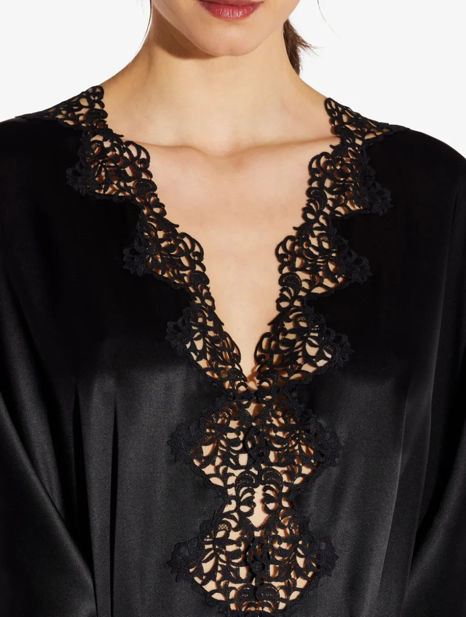 Black Long Silk Robe With Macramé