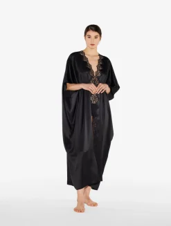 Black Long Silk Robe With Macramé