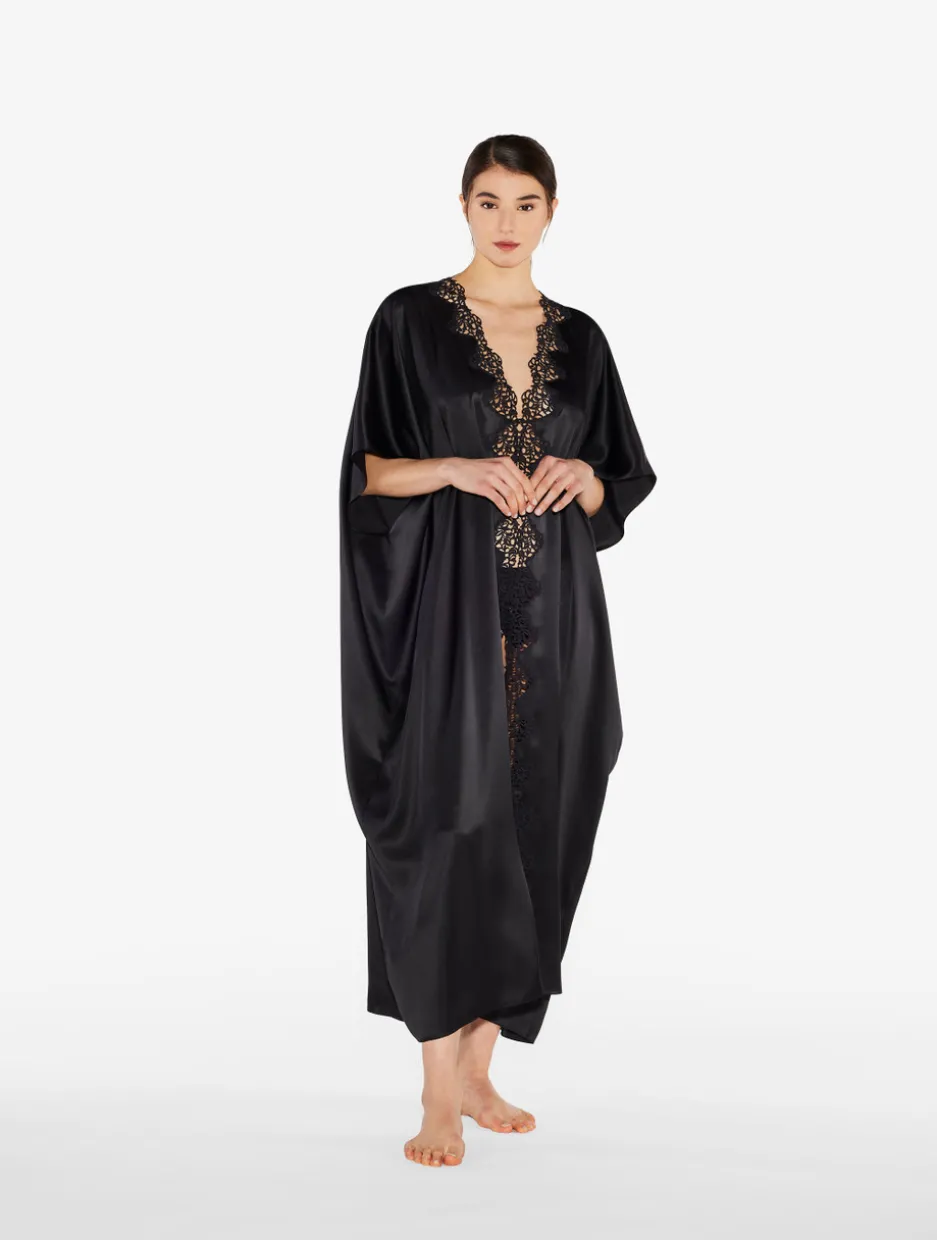 Black Long Silk Robe With Macramé