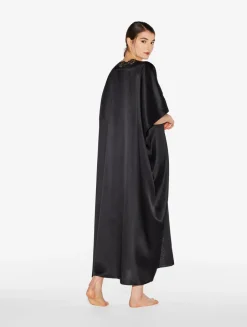 Black Long Silk Robe With Macramé