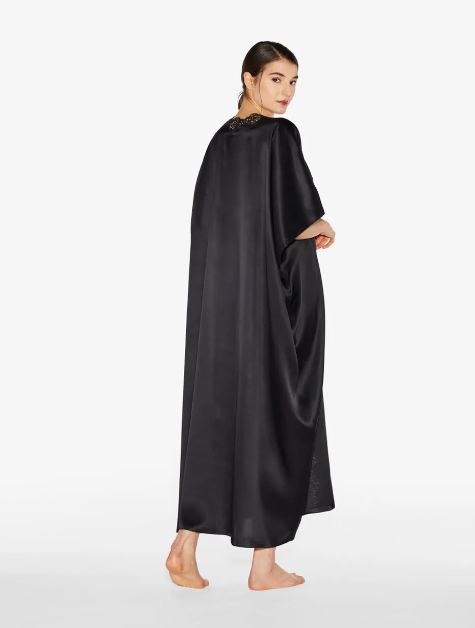 Black Long Silk Robe With Macramé