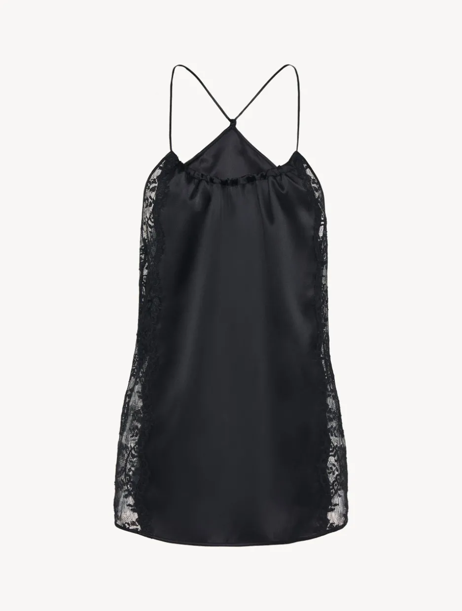 Black Silk Halterneck Camisole With Leavers Lace Trim