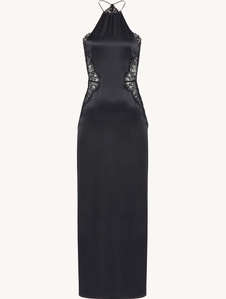 Black Silk Halterneck Nightdress With Leavers Lace Trim