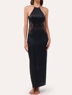 Black Silk Halterneck Nightdress With Leavers Lace Trim