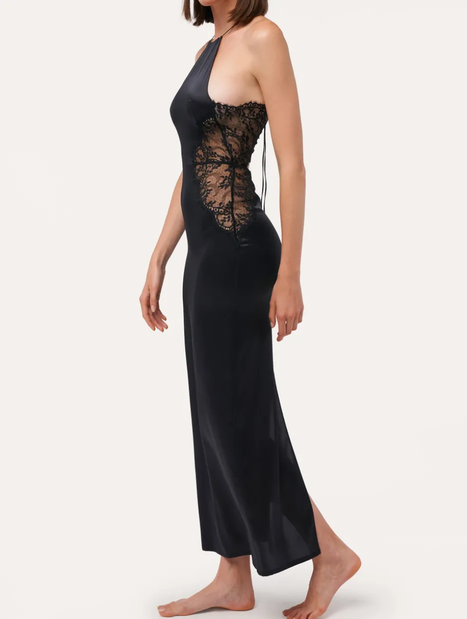 Black Silk Halterneck Nightdress With Leavers Lace Trim