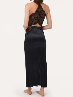 Black Silk Halterneck Nightdress With Leavers Lace Trim