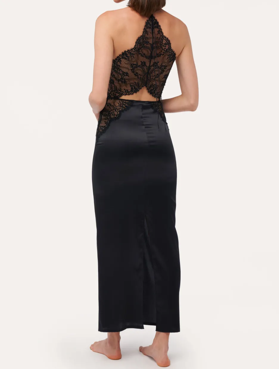 Black Silk Halterneck Nightdress With Leavers Lace Trim