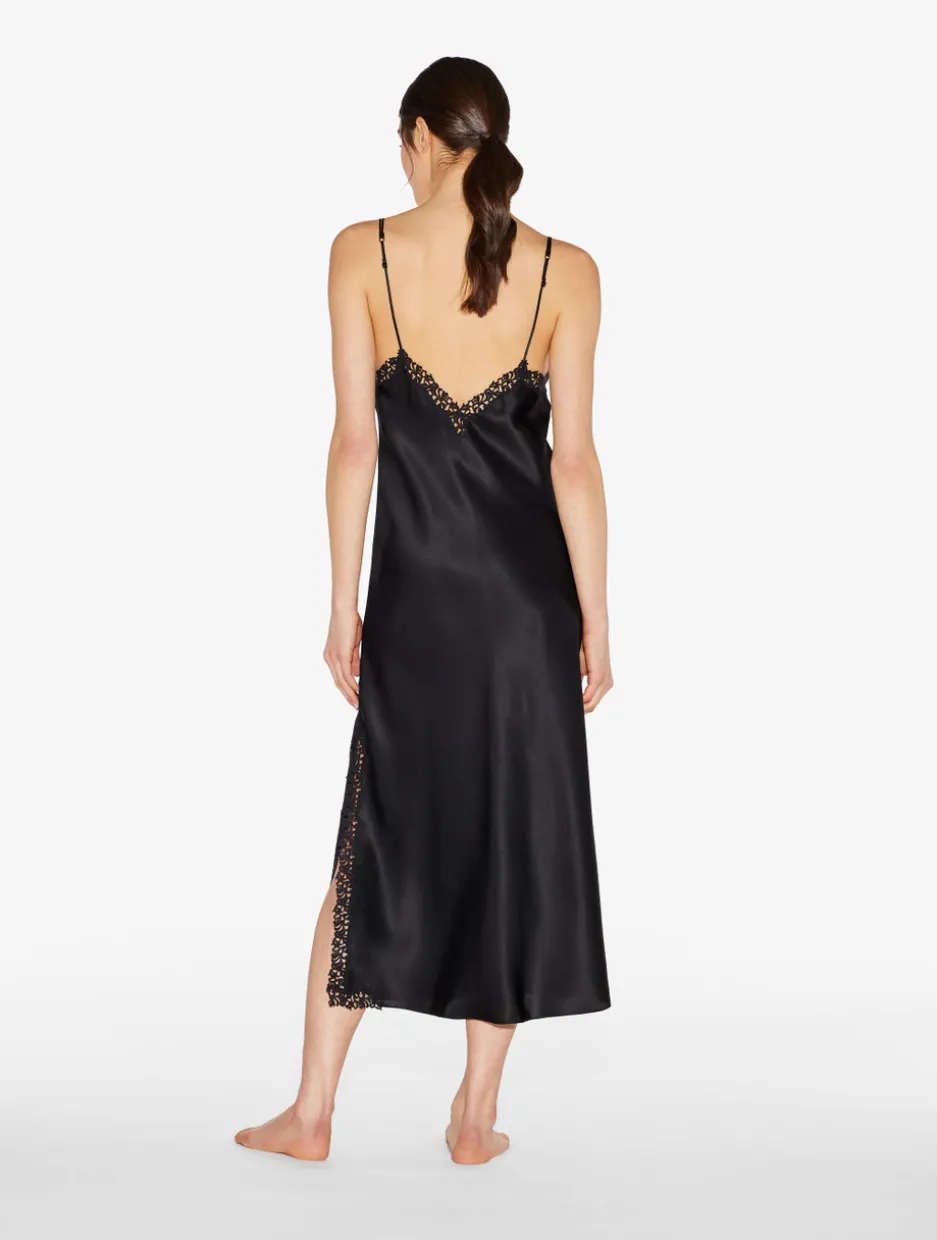 Black Silk Long Nightgown With Macramé