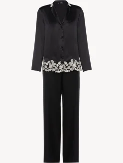 Black Silk Long Pajamas With Frastaglio