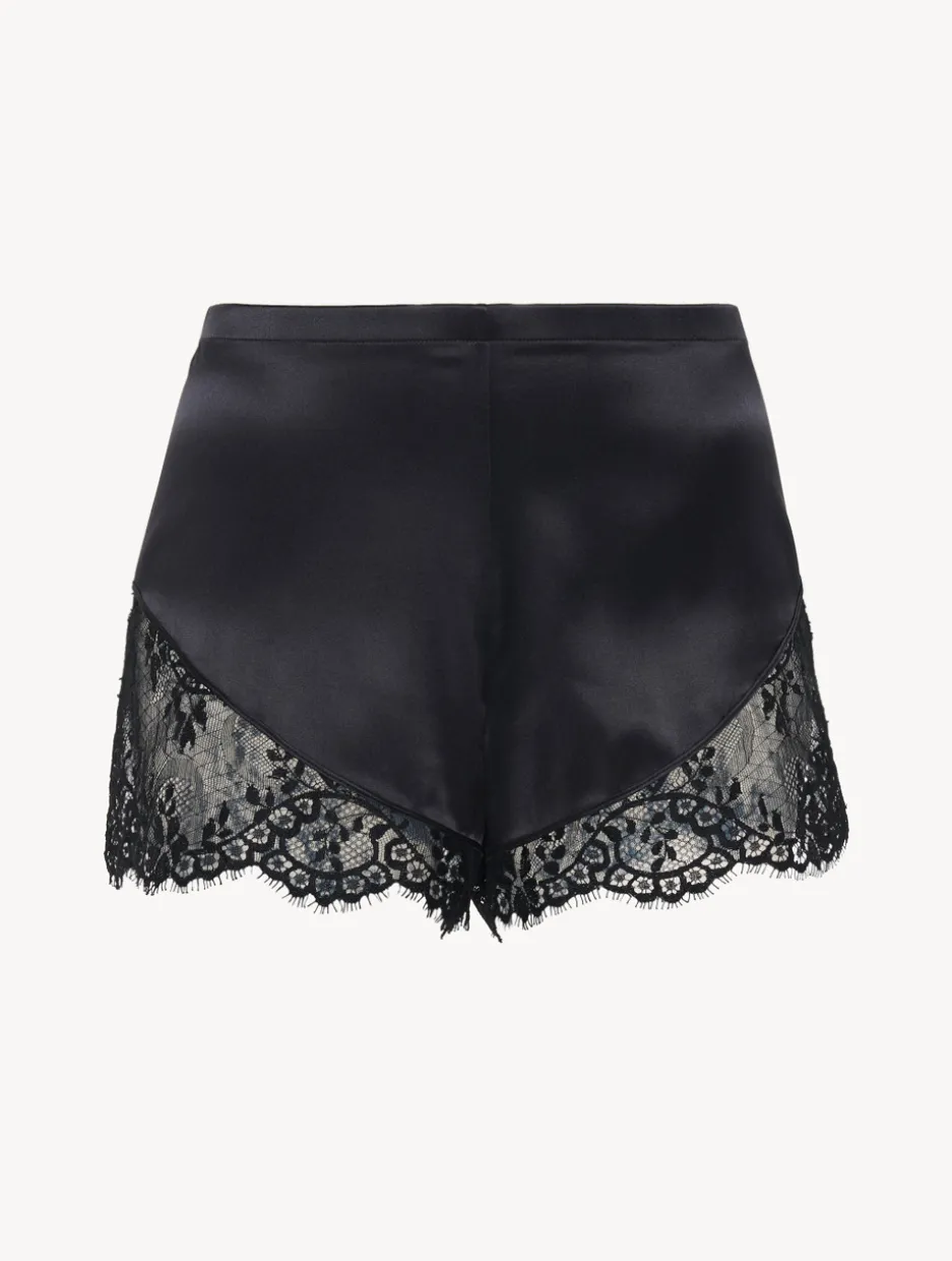 Black Silk Pajama Shorts With Leavers Lace Trim