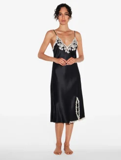 Black Silk Satin Short Nightgown With Frastaglio