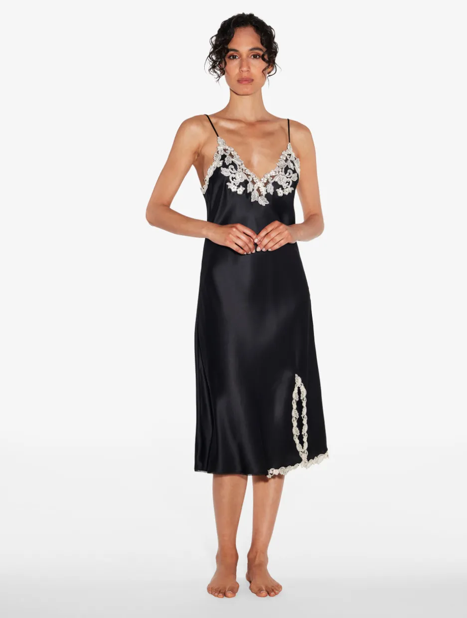 Black Silk Satin Short Nightgown With Frastaglio