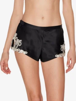 Black Silk Satin Sleep Shorts With Frastaglio