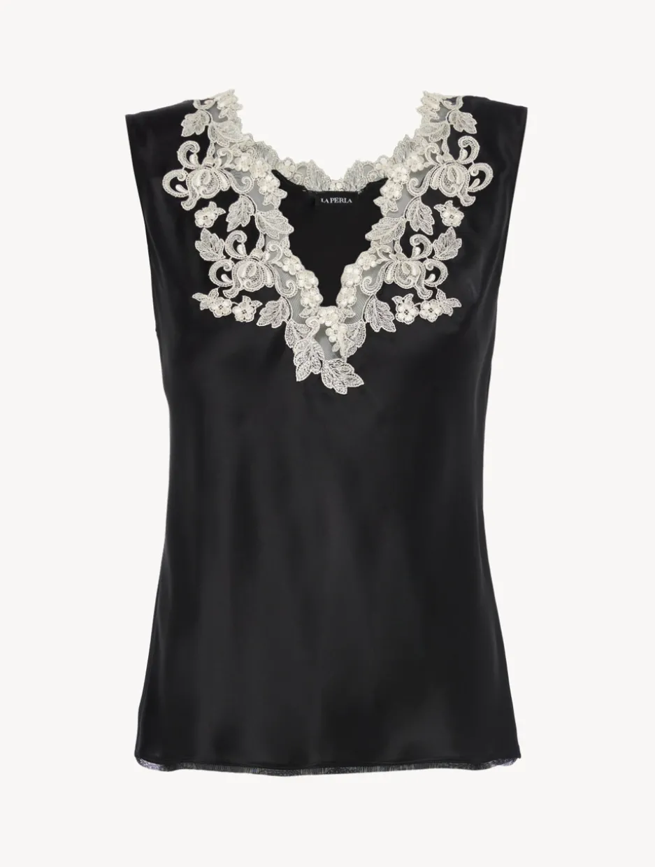 Black Silk Satin Top With Frastaglio