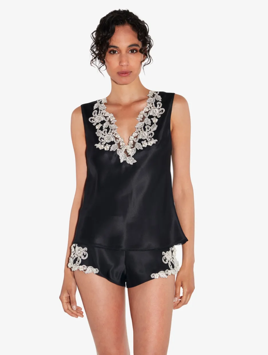 Black Silk Satin Top With Frastaglio