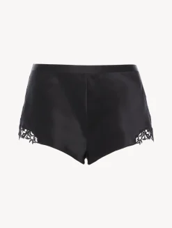 Black Silk Sleep Shorts With Macramé Frastaglio