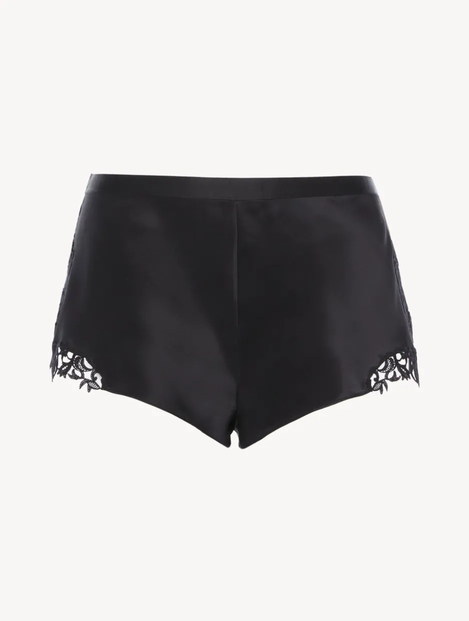 Black Silk Sleep Shorts With Macramé Frastaglio