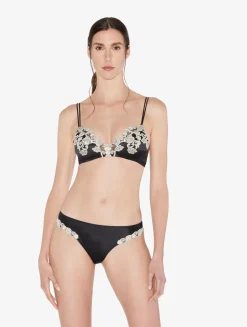 Black Silk Triangle Bra With Ivory Frastaglio