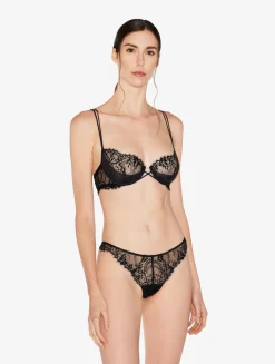 Black Underwired Balconette Bra With Leavers Lace Trim