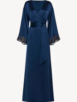 Blue Long Silk Robe With Frastaglio