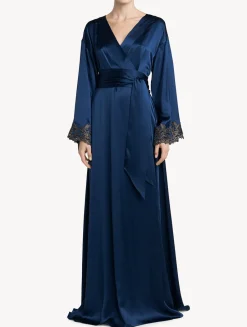 Blue Long Silk Robe With Frastaglio