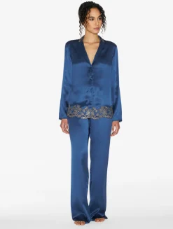 Blue Silk Long Pajamas With Frastaglio