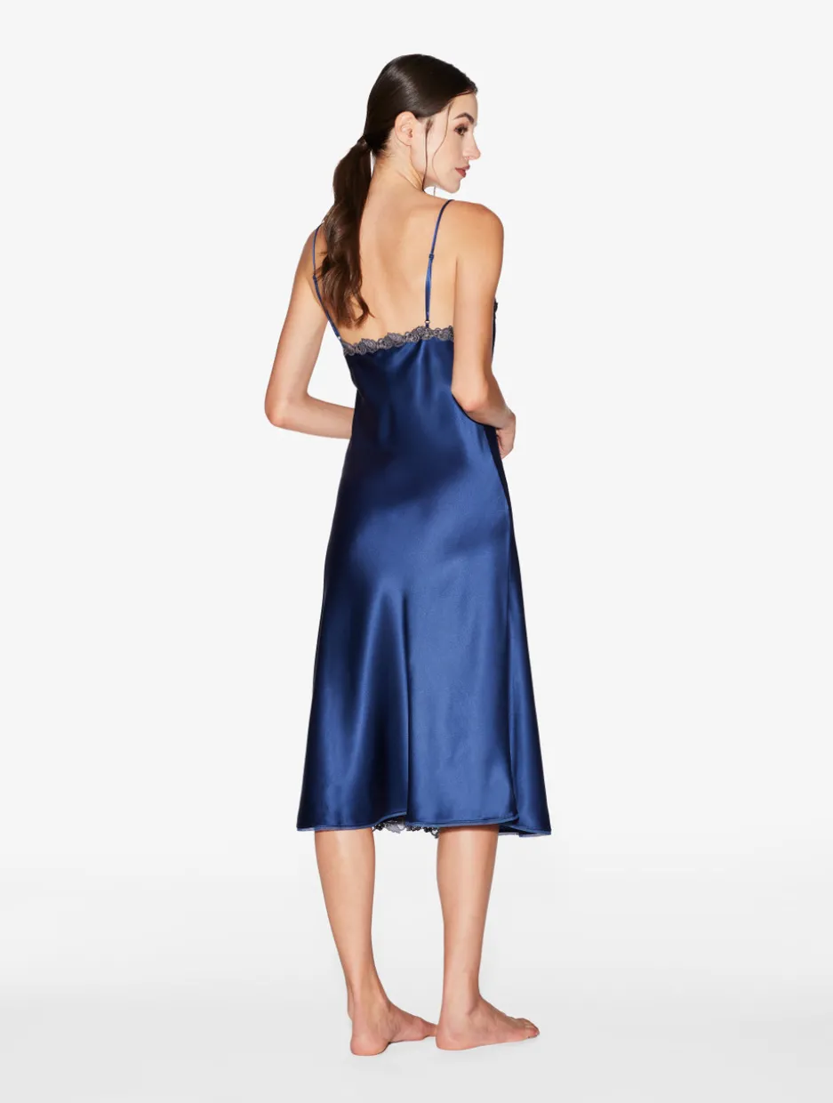 Blue Silk Satin Short Nightgown With Frastaglio