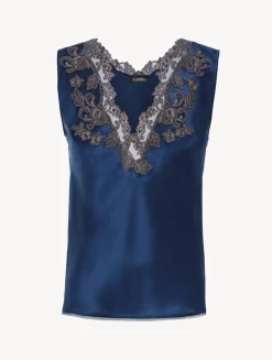 Blue Silk Satin Top With Frastaglio