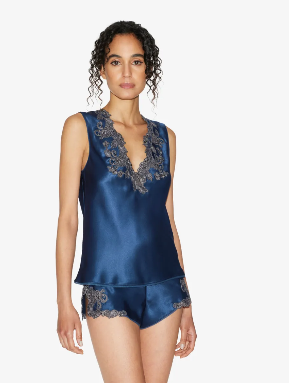 Blue Silk Satin Top With Frastaglio