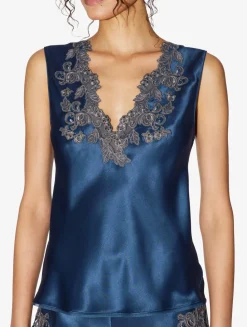 Blue Silk Satin Top With Frastaglio