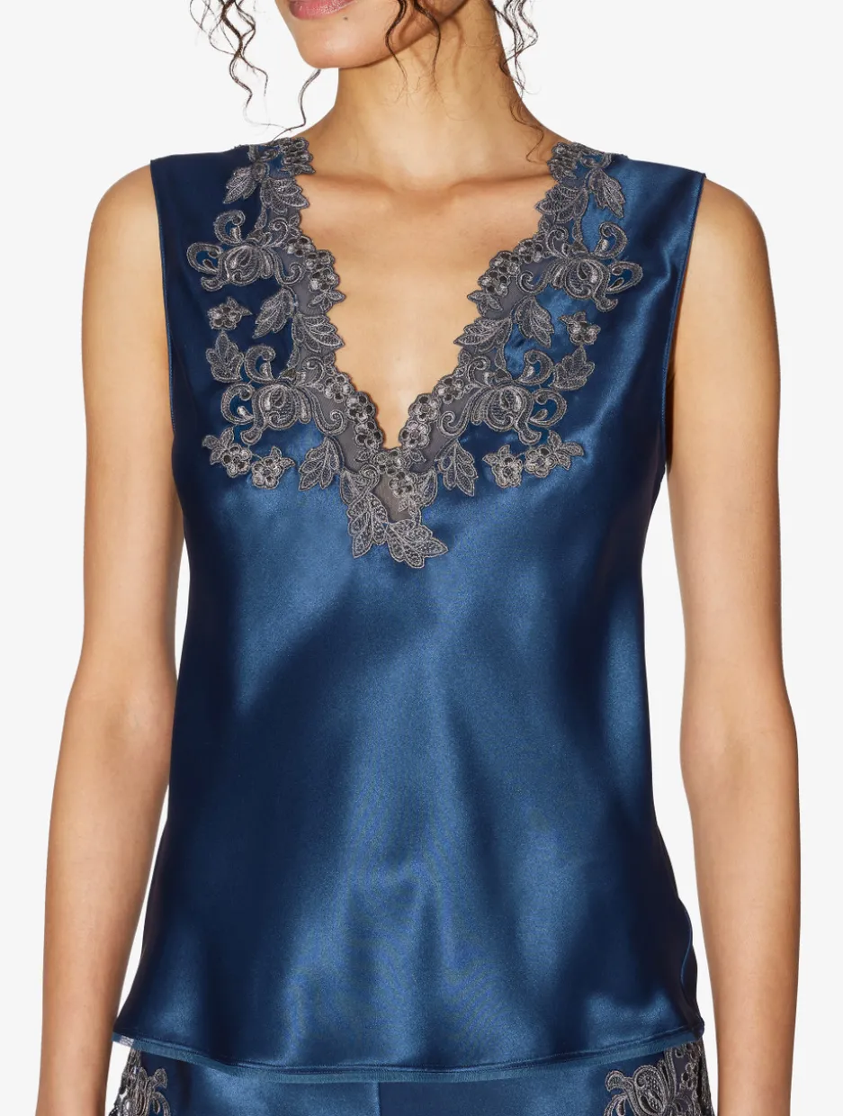 Blue Silk Satin Top With Frastaglio