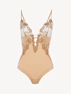Bodysuit In Beige Lycra With Embroidered Tulle