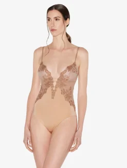 Bodysuit In Beige Lycra With Embroidered Tulle