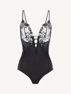 Bodysuit In Black Lycra With Embroidered Tulle
