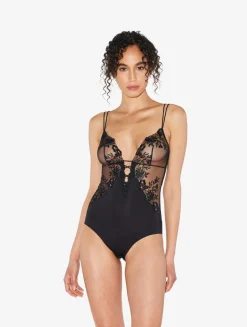 Bodysuit In Black Lycra With Embroidered Tulle
