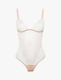 Bodysuit In Linen And Nude Rose With Leavers Lace