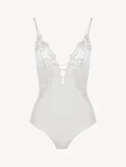 Bodysuit In Off-white Lycra With Embroidered Tulle