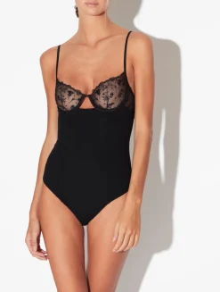 Bodysuit In Onyx With Embroidered Tulle