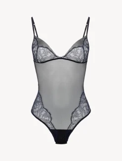 Bodysuit In Steel Blue And Black With Leavers Lace