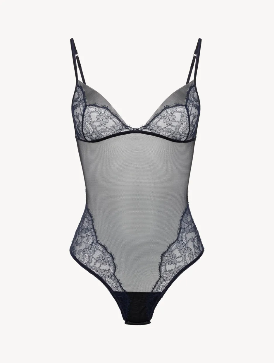 Bodysuit In Steel Blue And Black With Leavers Lace
