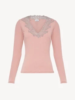 Cashmere Blend Ribbed Long-sleeved Top In Blush Clay With Frastaglio