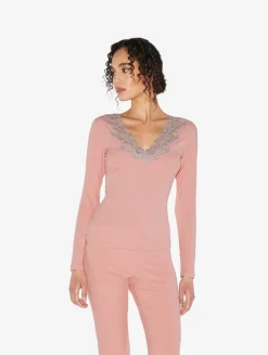 Cashmere Blend Ribbed Long-sleeved Top In Blush Clay With Frastaglio